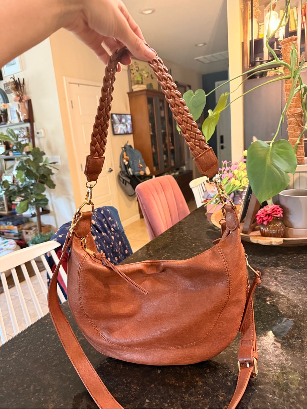 Antik Kraft Braided Handle Leather Shoulder Bag - Cognac Brown